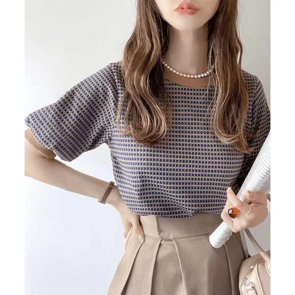 復古小圓點彈性針織上衣 _藍
