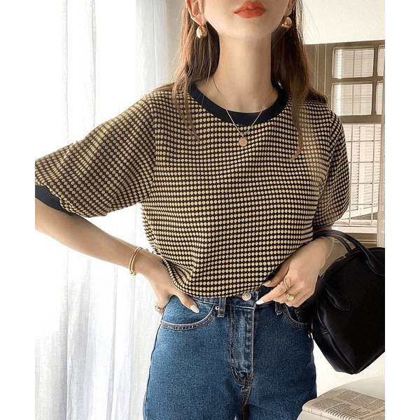 復古小圓點彈性針織上衣 _黑