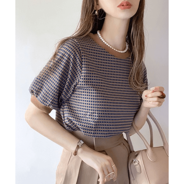 復古小圓點彈性針織上衣 _藍