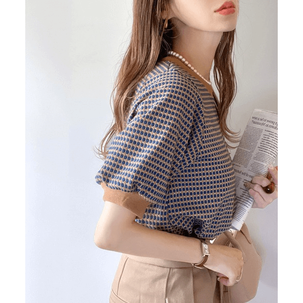 復古小圓點彈性針織上衣 _藍