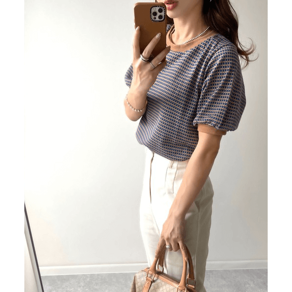 復古小圓點彈性針織上衣 _藍