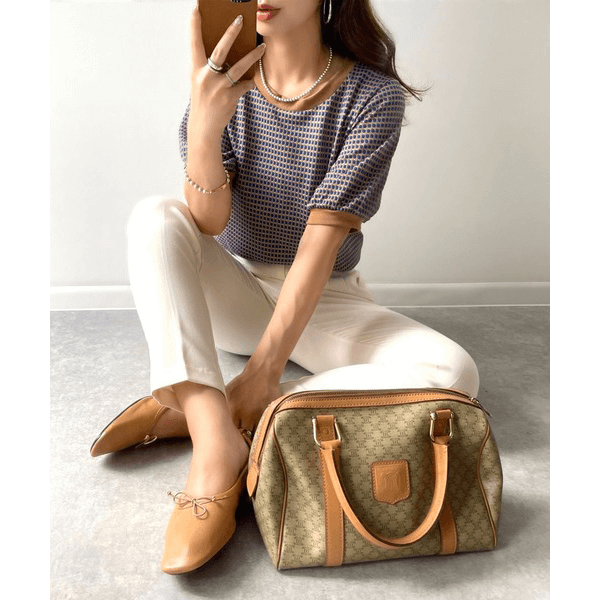 復古小圓點彈性針織上衣 _藍