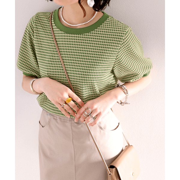 復古小圓點彈性針織上衣 _綠