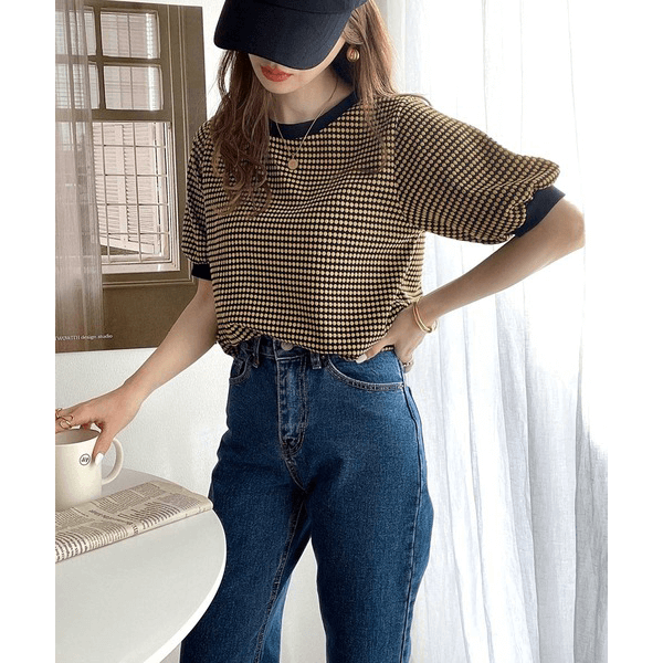 復古小圓點彈性針織上衣 _黑