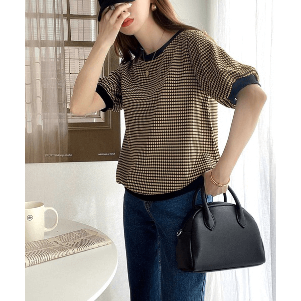 復古小圓點彈性針織上衣 _黑