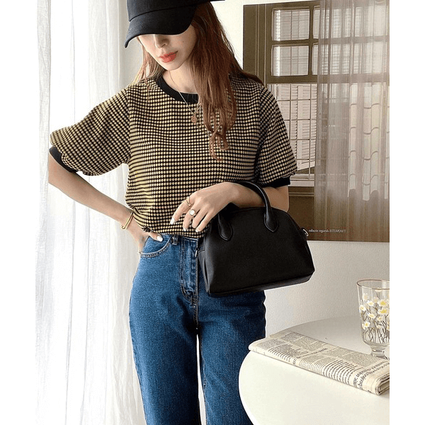 復古小圓點彈性針織上衣 _黑