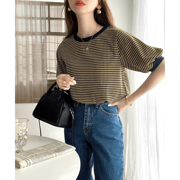 復古小圓點彈性針織上衣 _黑