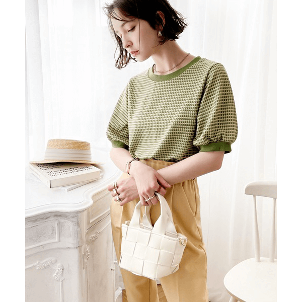 復古小圓點彈性針織上衣 _綠