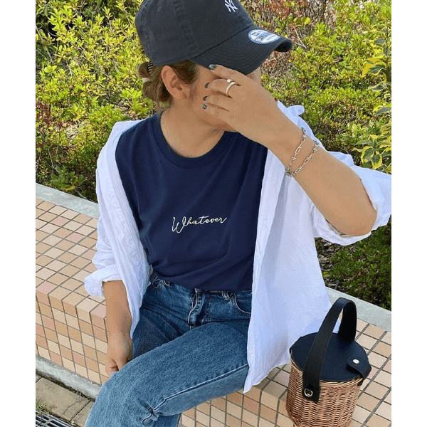 天竺棉 Whatever Logo 刺繍T_海軍藍