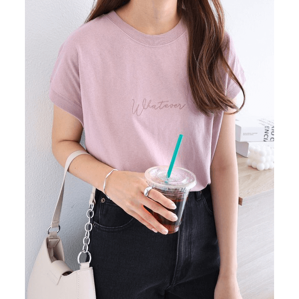 天竺棉 Whatever Logo 刺繍T_粉紅