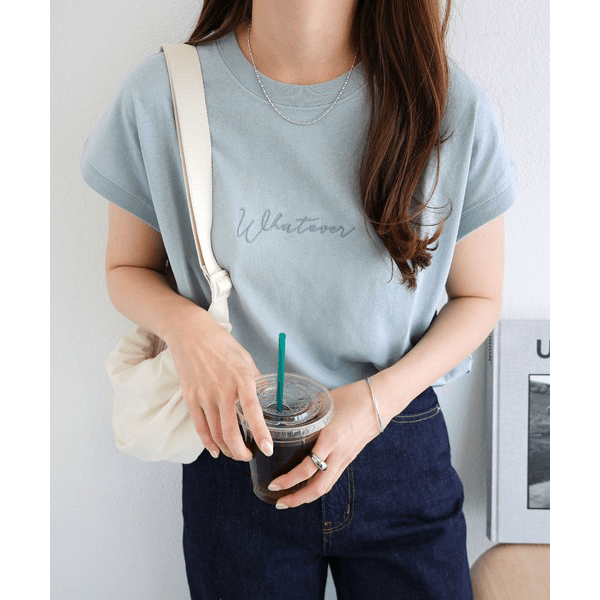 天竺棉 Whatever Logo 刺繍T_淺藍