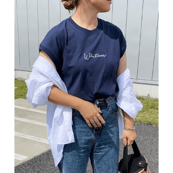 天竺棉 Whatever Logo 刺繍T_海軍藍