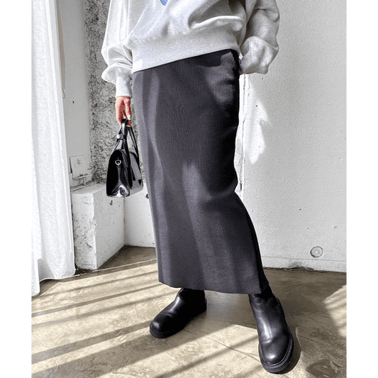 自由剪裁鬆緊帶開叉長裙_深灰色