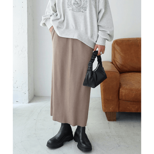 自由剪裁鬆緊帶開叉長裙_淺褐色