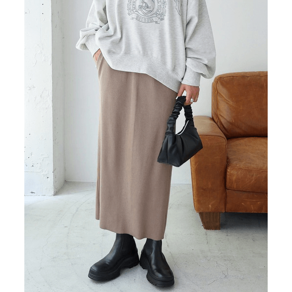 自由剪裁鬆緊帶開叉長裙_淺褐色