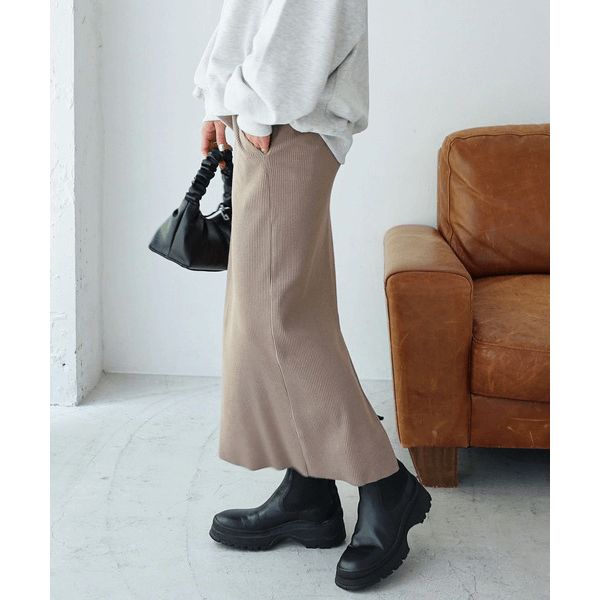 自由剪裁鬆緊帶開叉長裙_淺褐色
