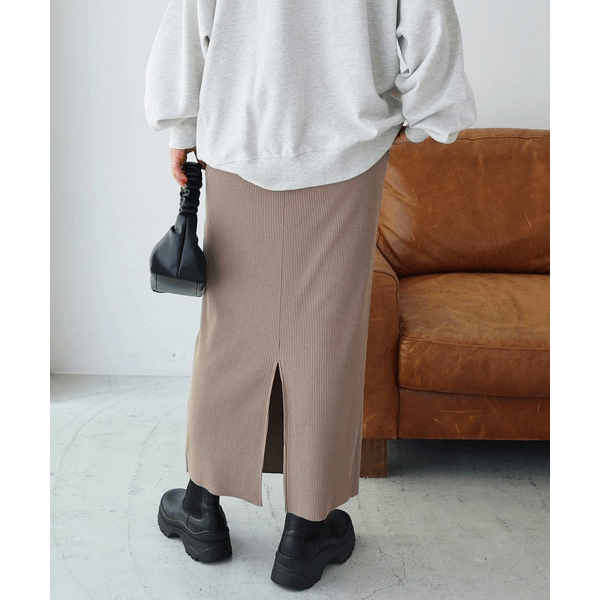 自由剪裁鬆緊帶開叉長裙_淺褐色