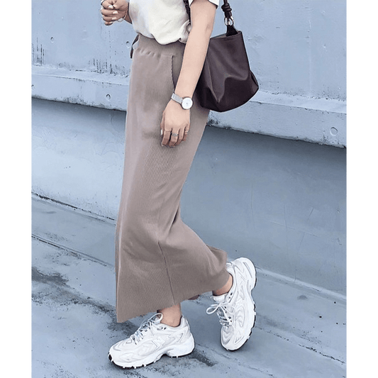 自由剪裁鬆緊帶開叉長裙_淺褐色