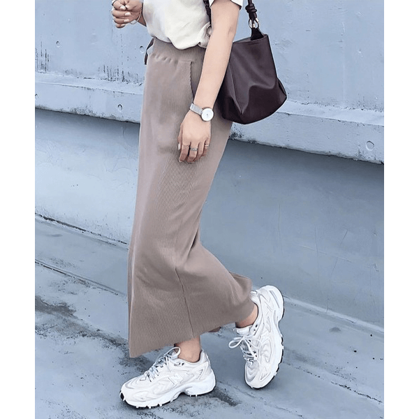自由剪裁鬆緊帶開叉長裙_淺褐色