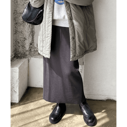 自由剪裁鬆緊帶開叉長裙_深灰色