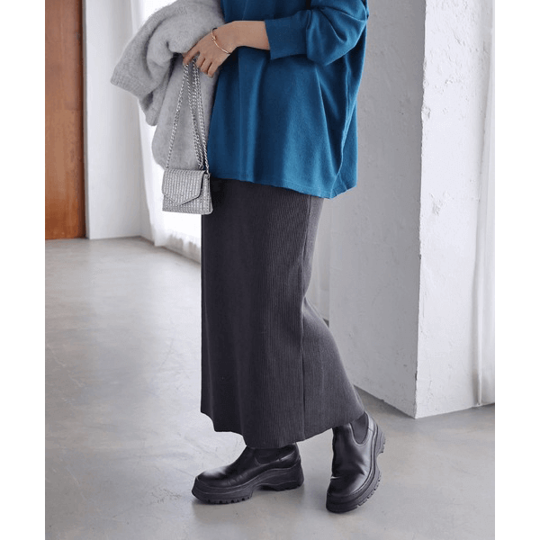 自由剪裁鬆緊帶開叉長裙_深灰色