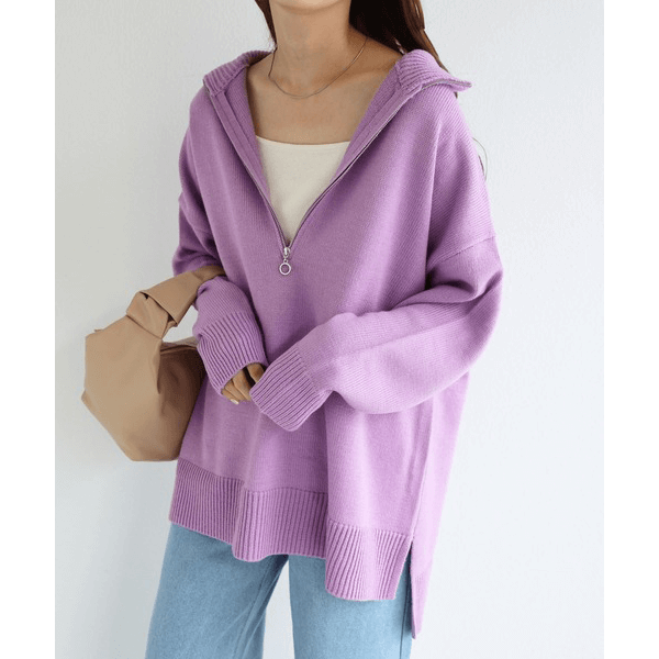2WAY高領拉鍊設計針織上衣_紫