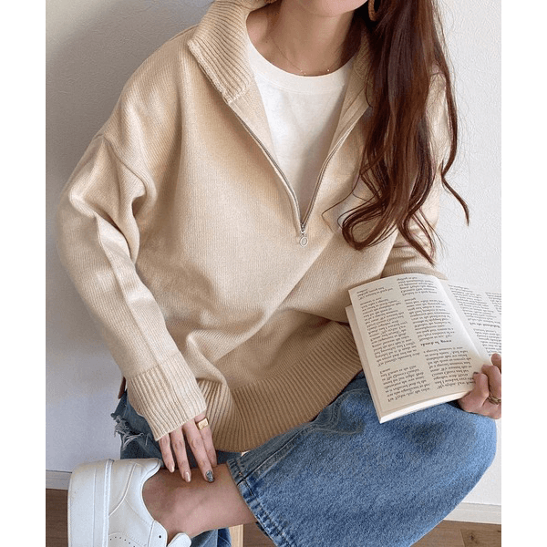 2WAY高領拉鍊設計針織上衣_米色