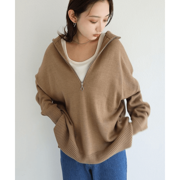 2WAY高領拉鍊設計針織上衣_褐色