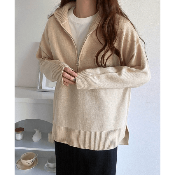2WAY高領拉鍊設計針織上衣_米色