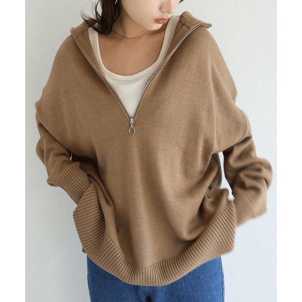 2WAY高領拉鍊設計針織上衣_褐色