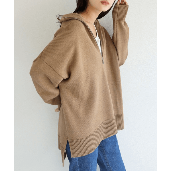 2WAY高領拉鍊設計針織上衣_褐色