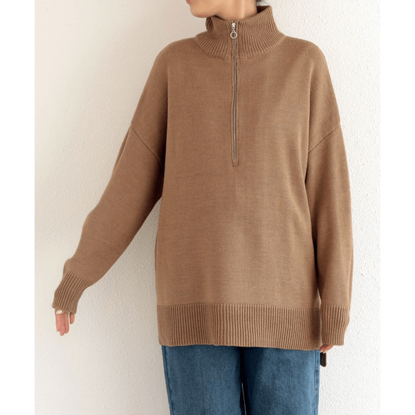 2WAY高領拉鍊設計針織上衣_褐色