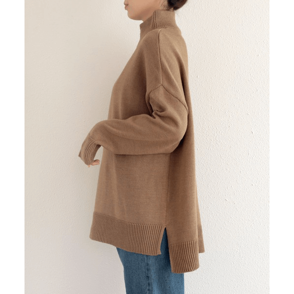 2WAY高領拉鍊設計針織上衣_褐色