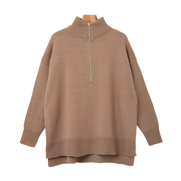 2WAY高領拉鍊設計針織上衣_褐色