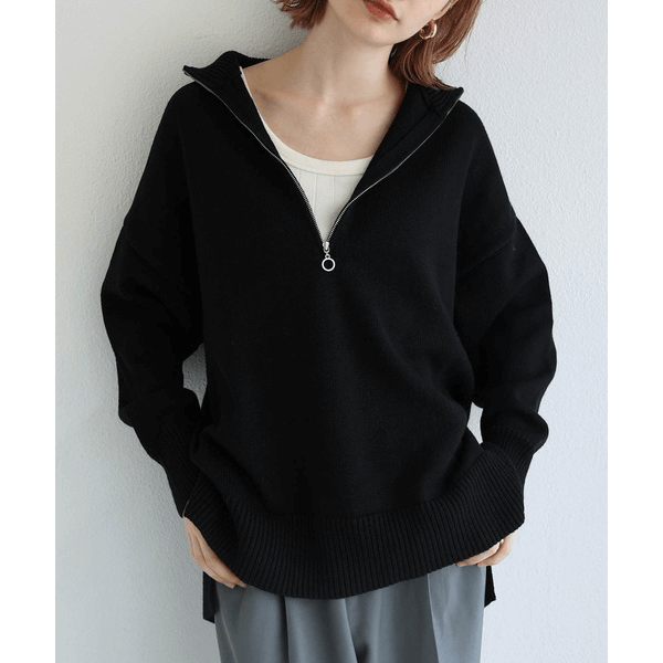 2WAY高領拉鍊設計針織上衣_黑色