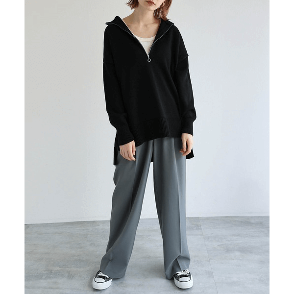 2WAY高領拉鍊設計針織上衣_黑色