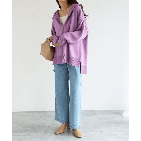 2WAY高領拉鍊設計針織上衣_紫