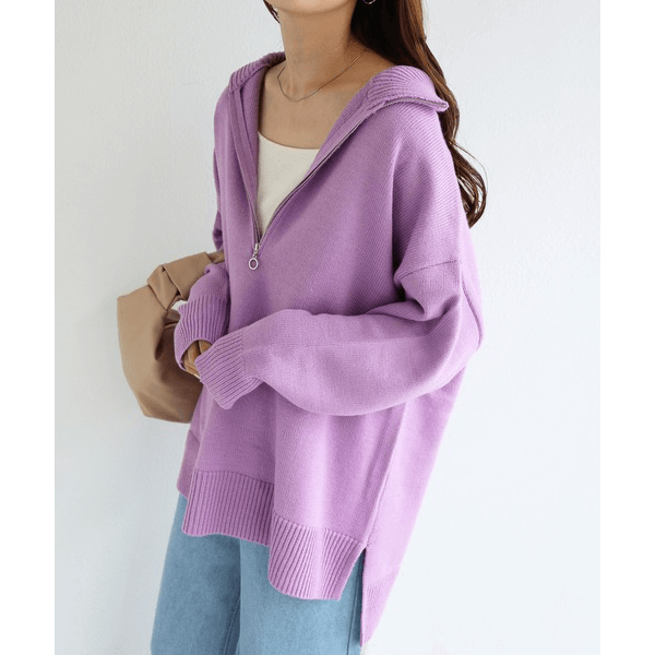 2WAY高領拉鍊設計針織上衣_紫