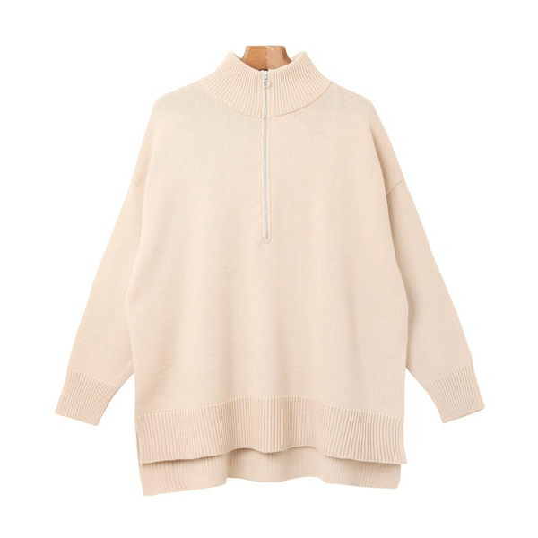 2WAY高領拉鍊設計針織上衣_米色