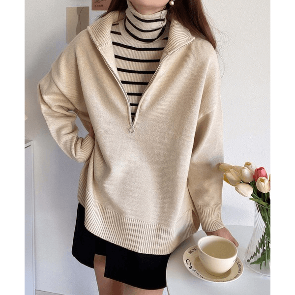 2WAY高領拉鍊設計針織上衣_米色