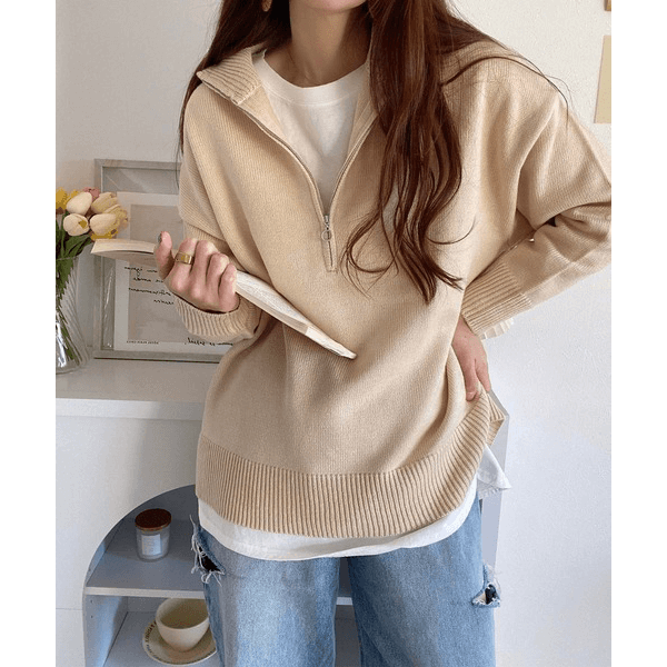 2WAY高領拉鍊設計針織上衣_米色