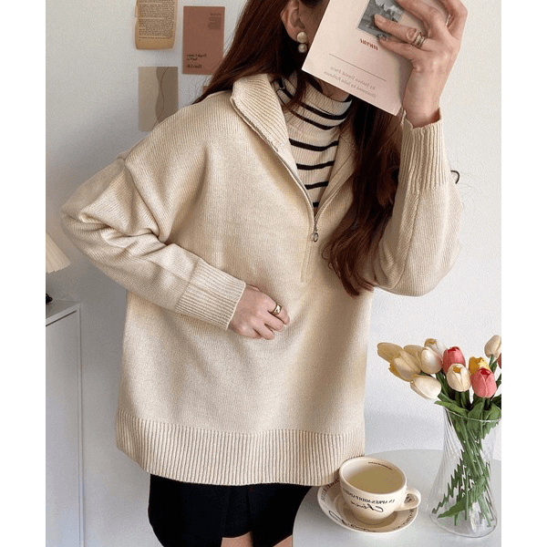 2WAY高領拉鍊設計針織上衣_米色