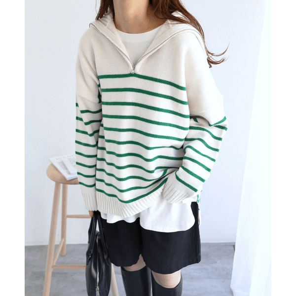 拉鍊條紋天竺針織毛衣_綠色條紋