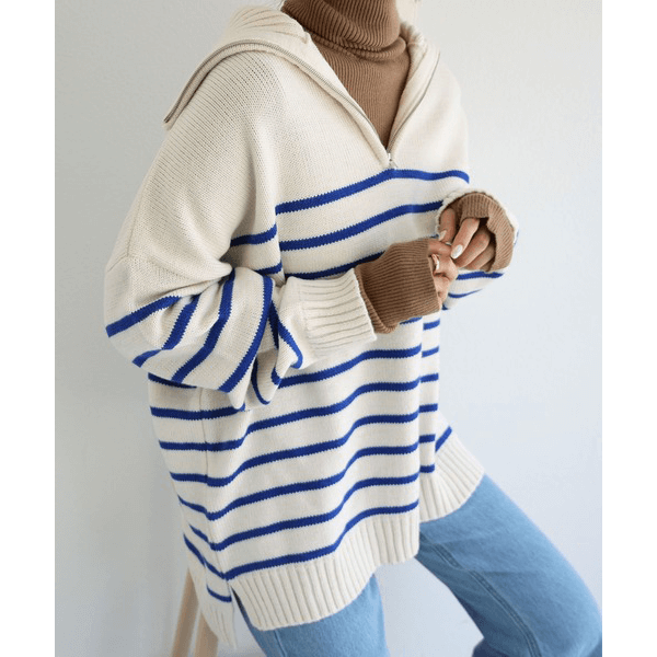 拉鍊條紋天竺針織毛衣_藍色條紋