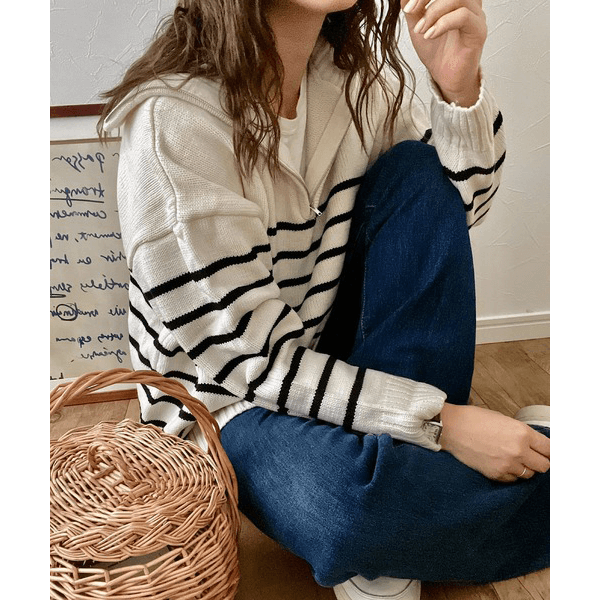 拉鍊條紋天竺針織毛衣_黑色條紋