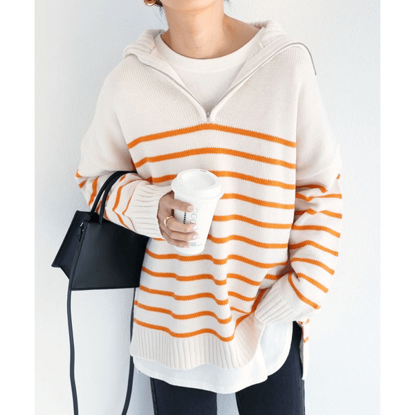拉鍊條紋天竺針織毛衣_橘色條文