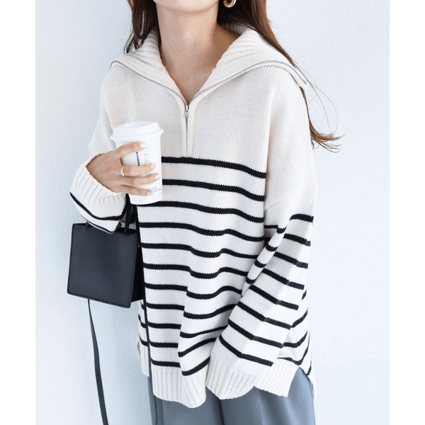 拉鍊條紋天竺針織毛衣_黑色條紋