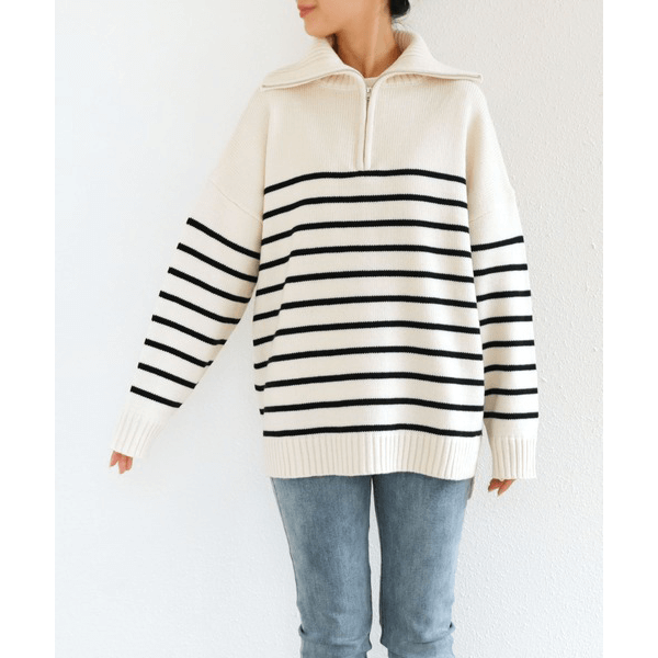 拉鍊條紋天竺針織毛衣_黑色條紋