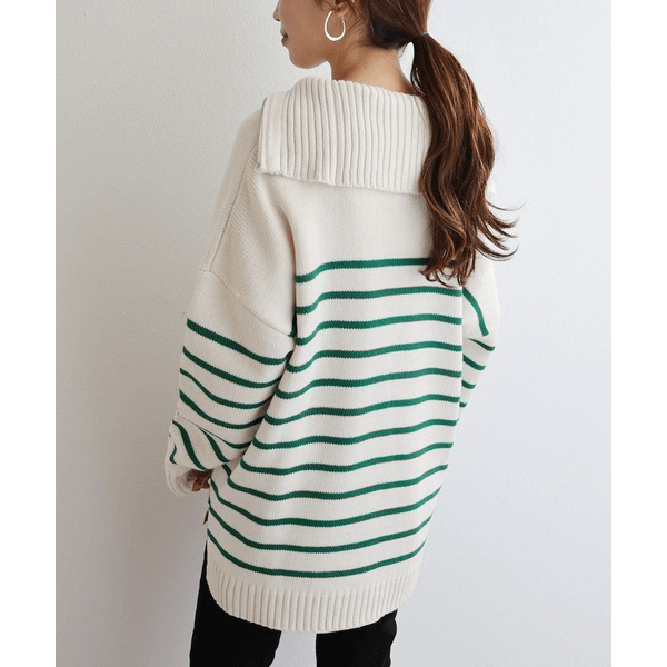 拉鍊條紋天竺針織毛衣_綠色條紋