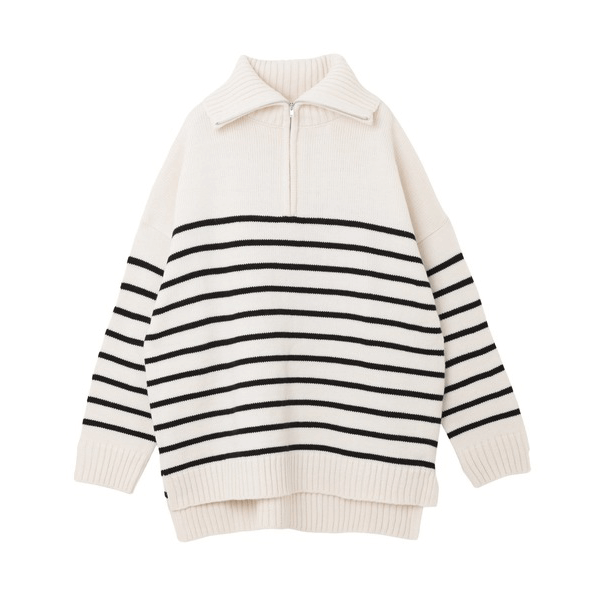 拉鍊條紋天竺針織毛衣_黑色條紋